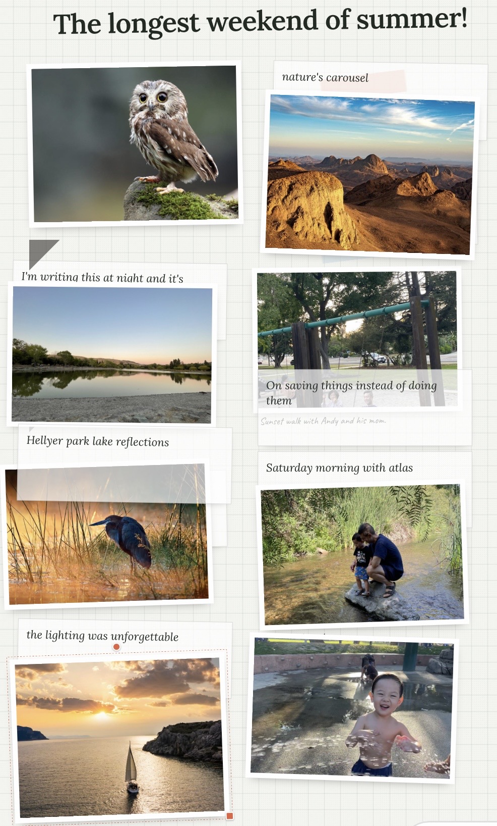 A folio page of photos, captions and handwriting