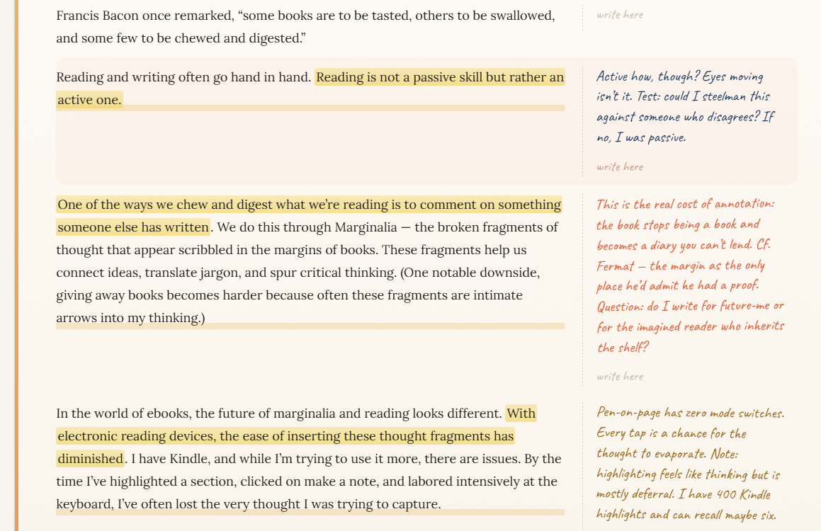 A Marginalia page with handwritten notes beside an article